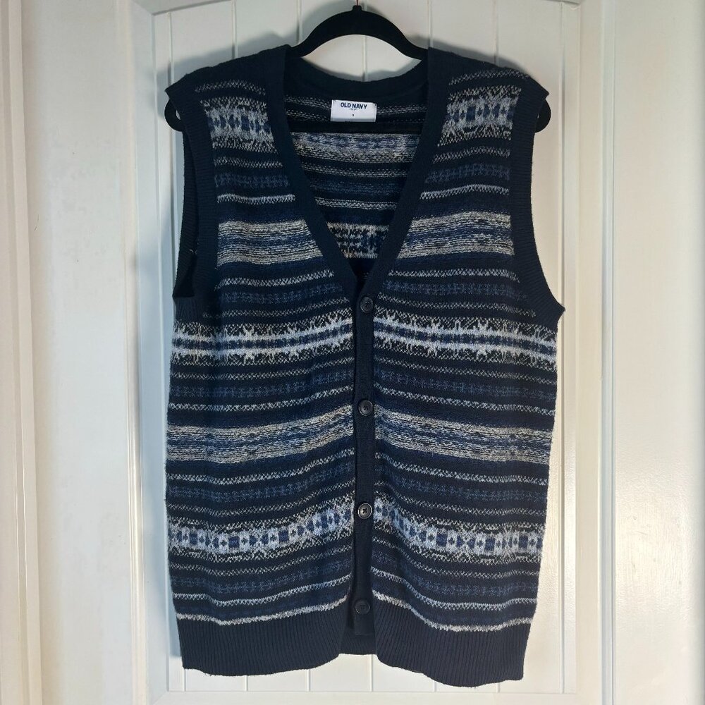 Old Navy Blue White Button Seasonal Holiday Christmas Sweater Vest Mens Small